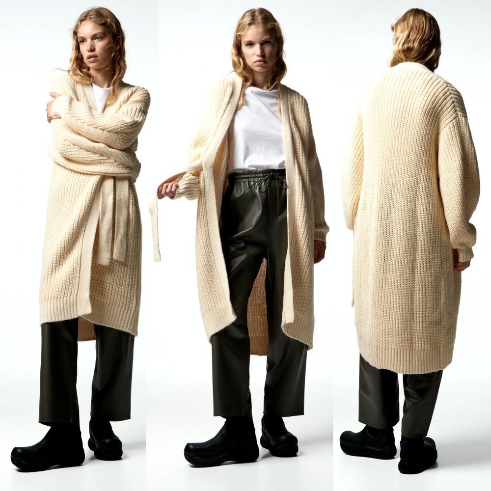NEW Zara Long Wrap Front Sweater Cozy Warm Knit Oversize Cardigan Butter Cream M - Picture 3 of 8